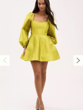 BHLDN Lime Green Square-Neck Mini Dress with Bishop Sleeves